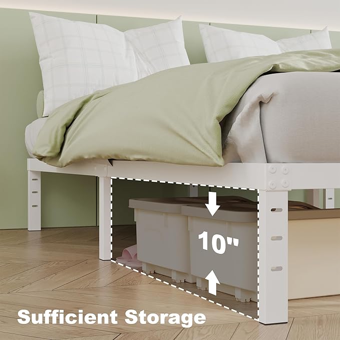 12 Inch Bed Frame Queen Size, Heavy Duty Steel Queen Bed Frame No Box Spring Needed, Mattress Foundation, Easy Assembly, Noise-Free,White