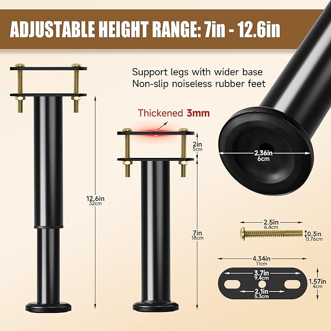 2 Pcs Adjustable Bed Frame Center Support Legs, Heavy Duty Cold Rolled Steel Bed Slat Support Legs With Wider Base, Bed Frame Leg Replacement, Furniture Support Reinforcement Kit, Height 7in To 12.6in