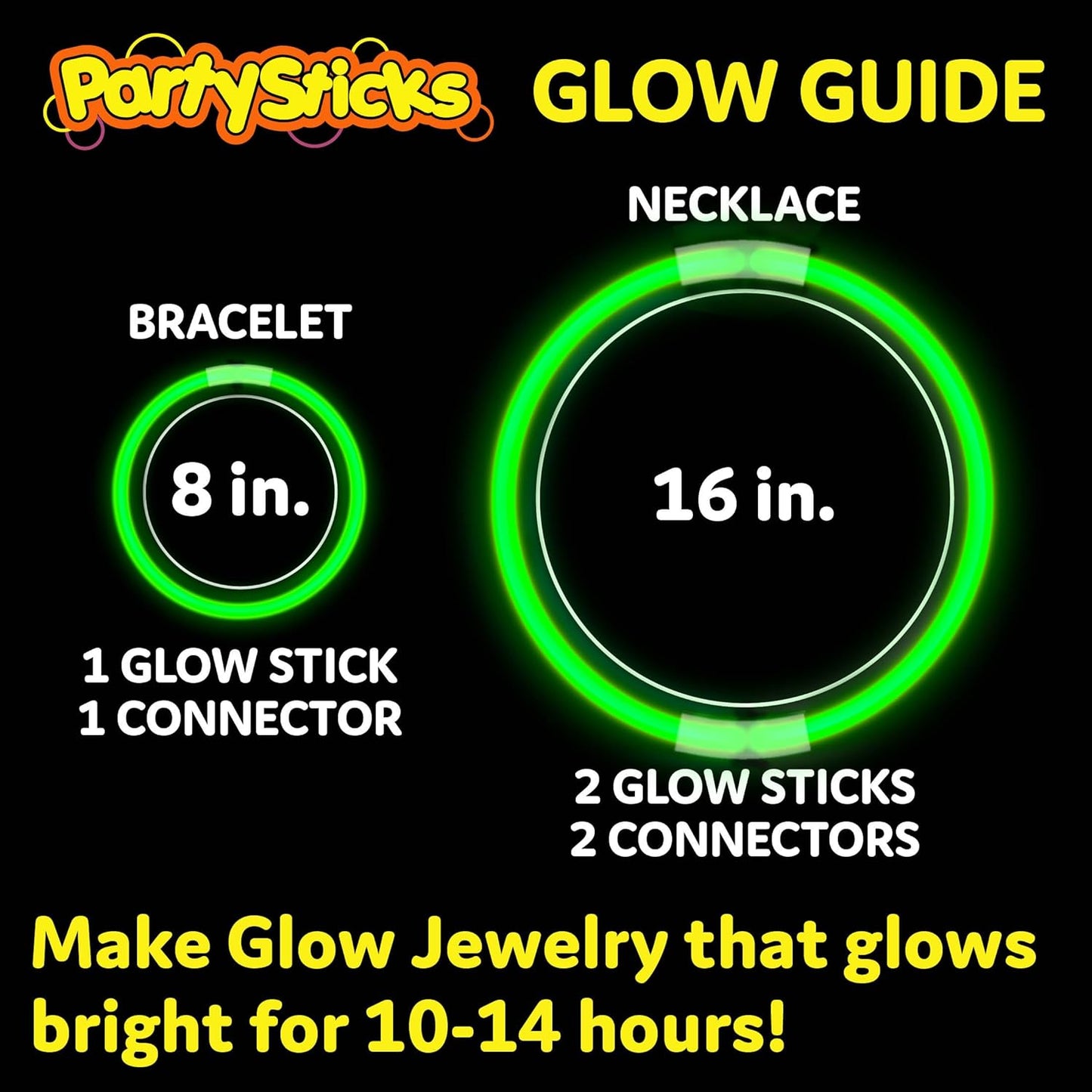 PartySticks Green Glow Sticks - 100pk, 8 Inch Glow in the Dark Light Up Sticks and Connectors for Party Favors, Decorations, Necklaces and Bracelets