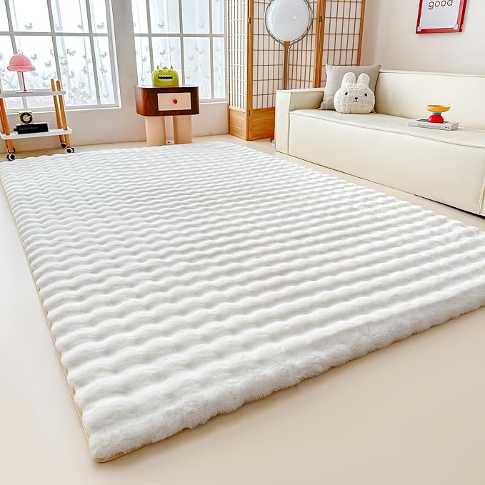 White Rabbit Plush Rug 8'x10', Fluffy Faux Fur Shaggy Area Rug - Image 5