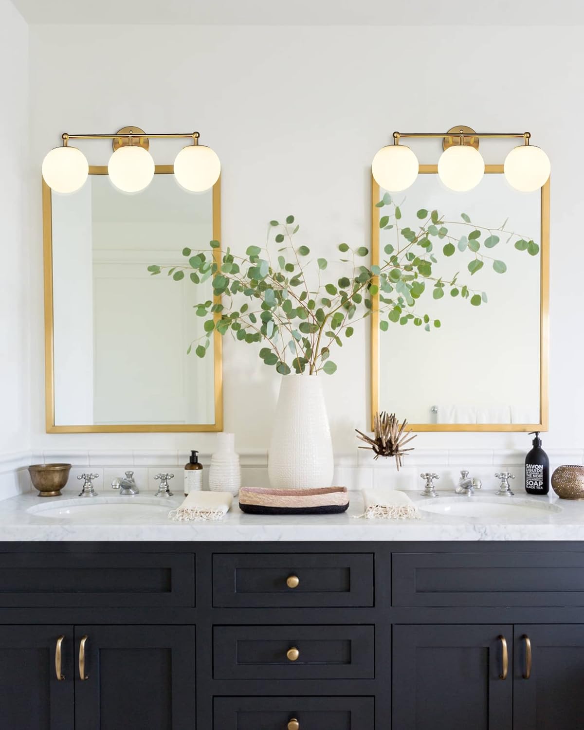 Gold Vanity Light for Bathroom, Modern Bathroom Light Fixtures Over Mirror Brushed Gold Vanity Lights 3-Light Wall Sconce with Milky Glass Globe Shade for Mirror Living Room Bedroom Hallway