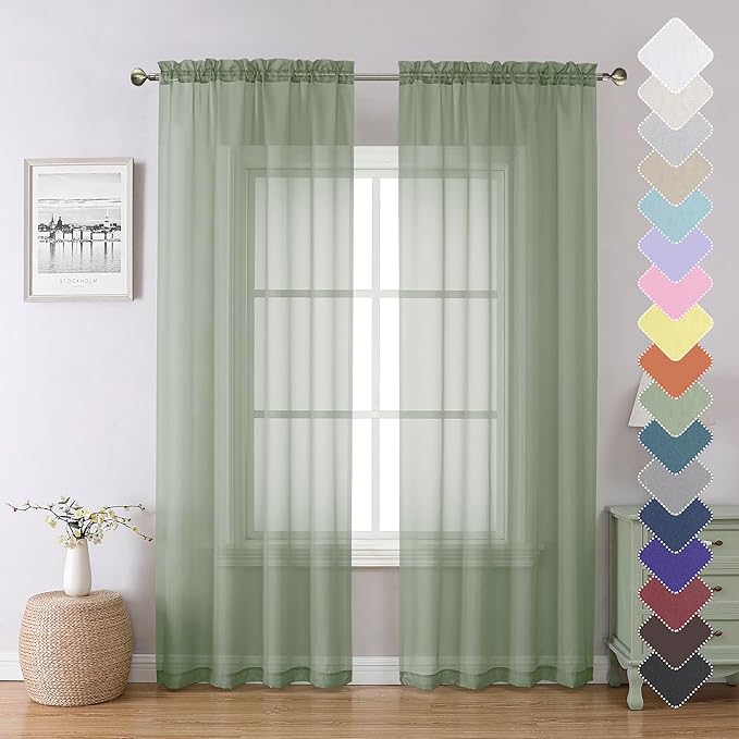 Lecloud Sage Green Sheer Curtains 84 Inches Long 2 Panels Set, Solid Voile by Lecloud