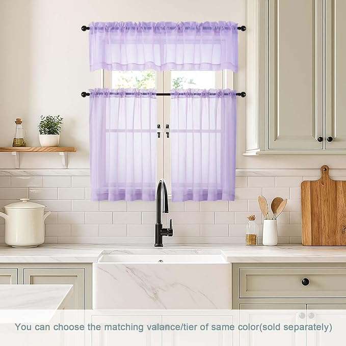 Small Sheer Curtains 2 Panels Set, Kitchen Curtains 36 Inch Length, Elegant - Image 2