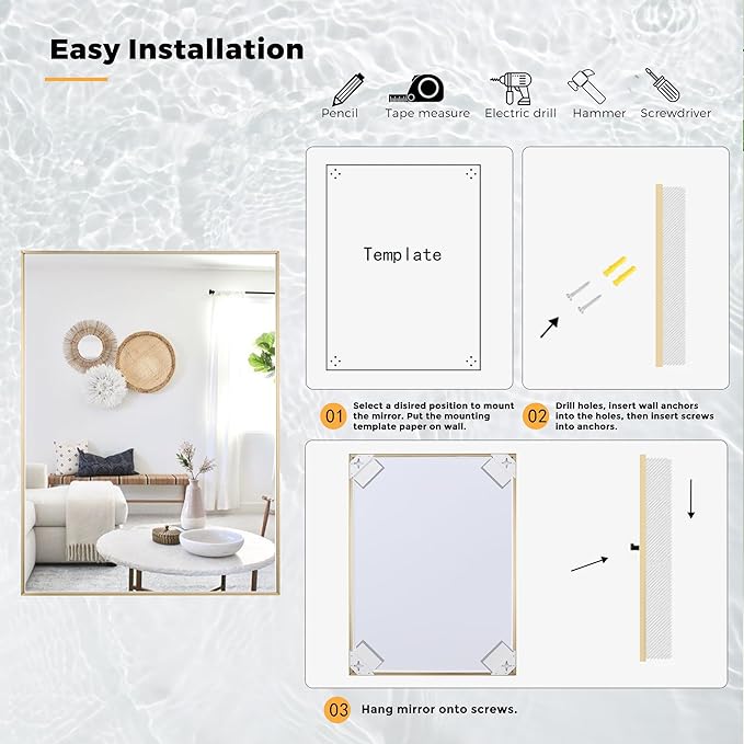 30x40 Inch Brass Bathroom Mirror for Wall, Aluminum Frame Rectangle Rectangular Vanity Mirror, Modern Large for Bedroom, Living Room, Horizontal or Vertical