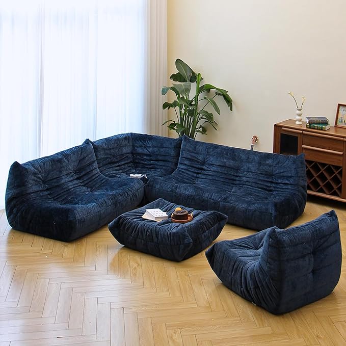 N&V Fireside Chair, Mid Century Armless Floor Sofa, Soft Premium Chenille Floor Lounge Chair, Foam Sofa Accent Chair for Living Room Bedroom and Office (Blue, Three Seater)