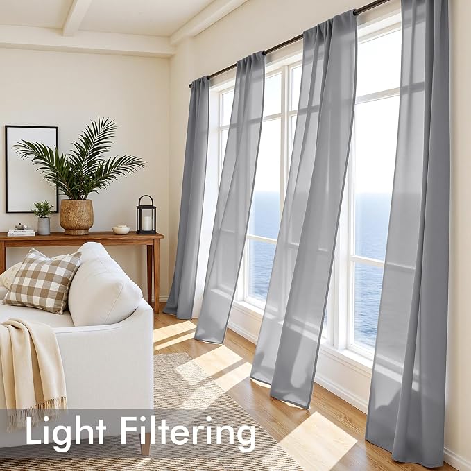 MIULEE Dark Grey Sheer Curtains 90 Inches Long, 4 Panels Set, Rod Pocket Light - Image 4