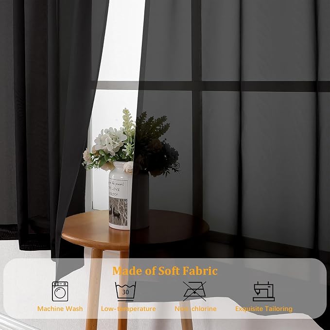 Gwine Black Sheer Curtains 90 Inches Long 2 Panels Set, Light Filtering Solid - Image 7