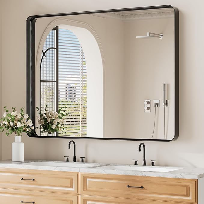 Koonmi Black Bathroom Mirror for Wall, 36x48 Inch Matte Metal Deep Framed Rounded Corner Wall Mirror, Shatterproof Tempered Glass for Farmhouse Bedroom Entryway, Vertically or Horizontally
