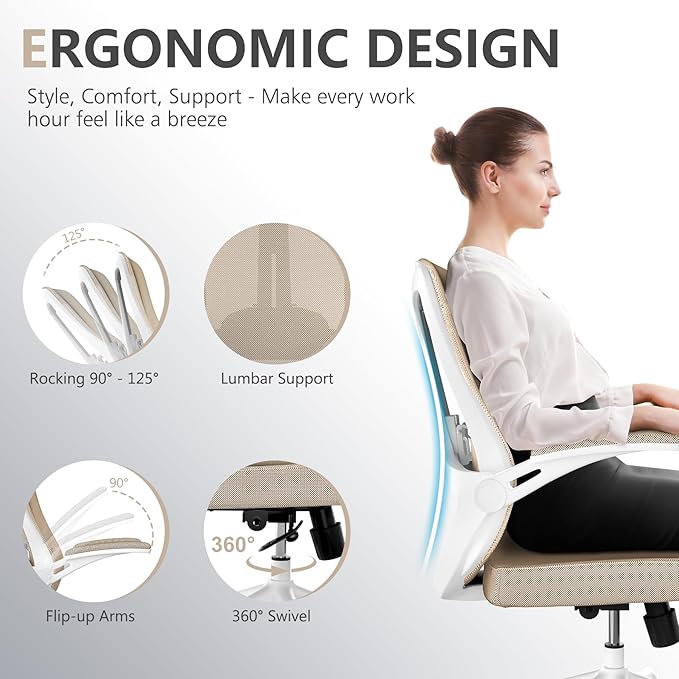 Office Chair, Ergonomic High Back Comfy Desk Chairs and Flip-up Armrest Lumbar, Swivel Tilt Function Backrest Computer Chair,PU Rolling Wheels Capacity 350LBS (Khaki)