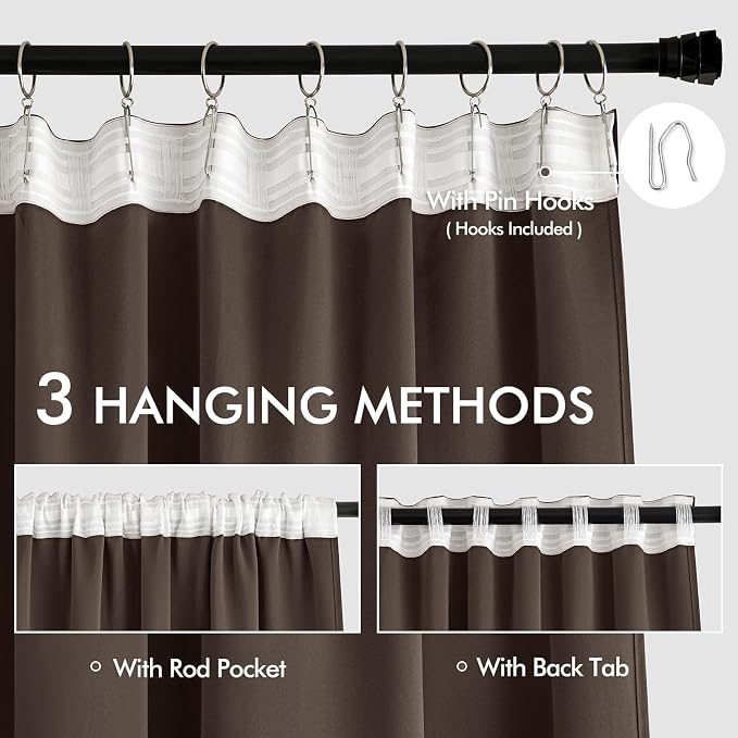 MIULEE Chocolate Brown Back Tab Blackout Curtain 96 Inch Long 2 Panels Set - Image 3