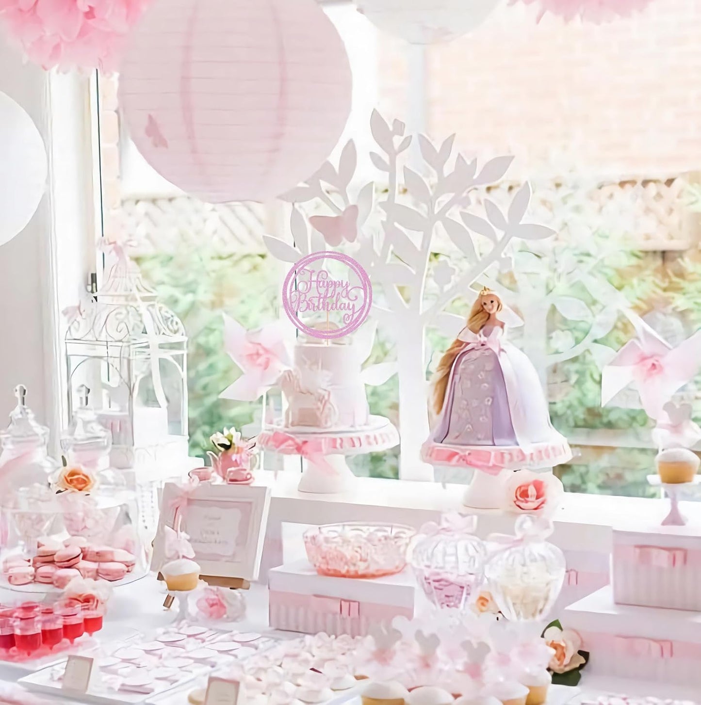 Happy Birthday Cake Topper - Pink Glitter Happy Birthday Cake Decoration Supplies for Children or Adults - Happy Birthday Cake Bunting Decor, Photo Booth Props