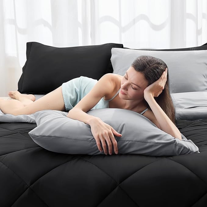 HEVUMYI Oversized Queen Comforter Set - 7-Piece All Season Bed in a Bag Oversized Queen, Ultra Soft Bedding Set with Comforter, Flat Sheet, Fitted Sheet, Pillowcases, Pillow Shams, Black & Light Grey
