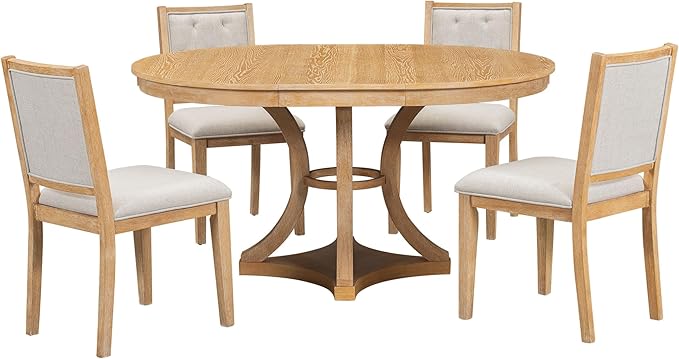 Merax 5-Piece Extendable Round Dining Table Set 42"-58" Retro Functional Table and 4 Upholstered Chairs for Dining Room and Living Room (Natural)