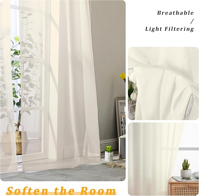 Gwine Cream Sheer Curtains 96 Inches Long 2 Panels, Elegant Window Treatments - Image 3