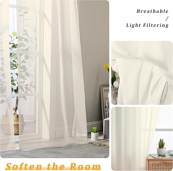 Gwine Cream Sheer Curtains 48 Inches Long 2 Panels Set, Light Filtering Sheer - Image 3