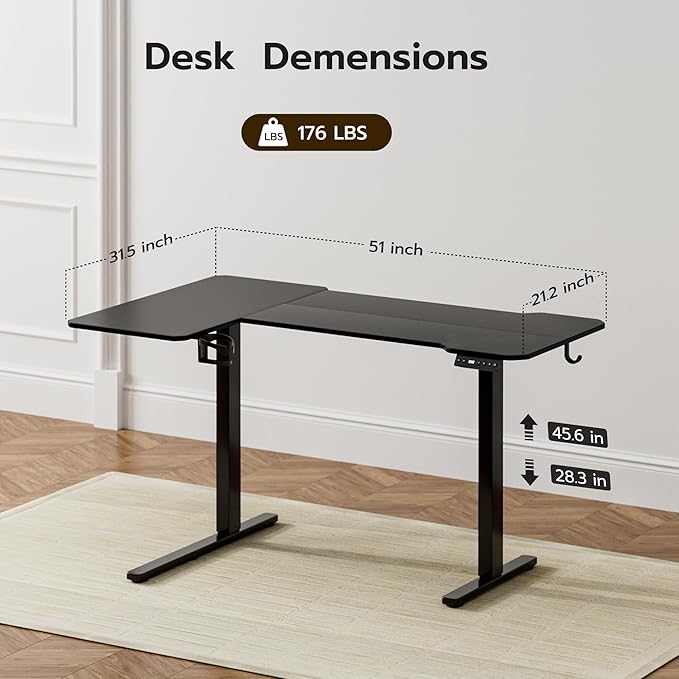 51" Reversiable L-Shaped Electric Standing Desk Adjustable Height Gaming Stand Up Corner Desk Sit Stand Home Office Computer Desk with Splice Board,Black Carbon Top