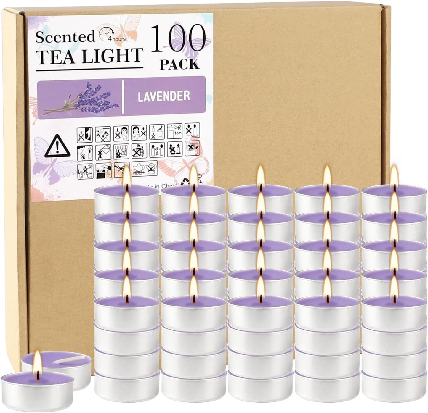 Purple Lavender Scented Tealight Candles - 4 Hours - Giant 100 Bulk Packs - Smokeless Tea Lights for Valentine's Day, Weddings,Christmas, Home Decorative