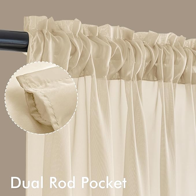 MIULEE Cream Sheer Curtains 102 Inches Long, 4 Panels Set, Light Filtering Rod - Image 3