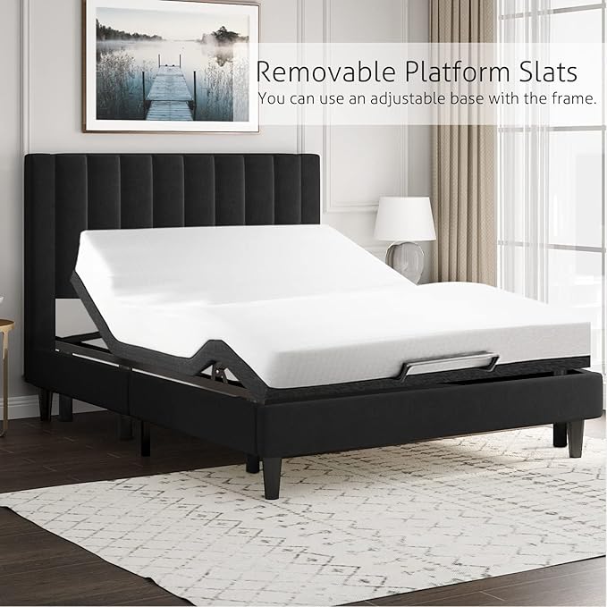 SHA CERLIN Full Bed Frame/Velvet Upholstered Platform Bed Frame with Headboard/Strong Wood Slats Support/Mattress Foundation/No Box Spring Needed - Black