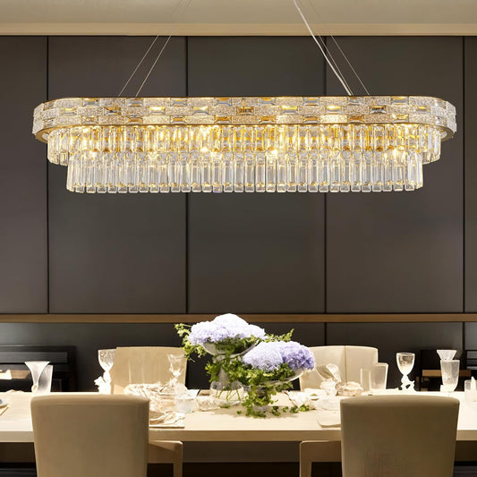 Crystal Chandeliers, 49.2" 18-Light Gold Chandelier for Dining Room, Rectangular Chandelier for Kitchen, Living Room Chandeliers, Island Lights Hanging Lights Dimmable