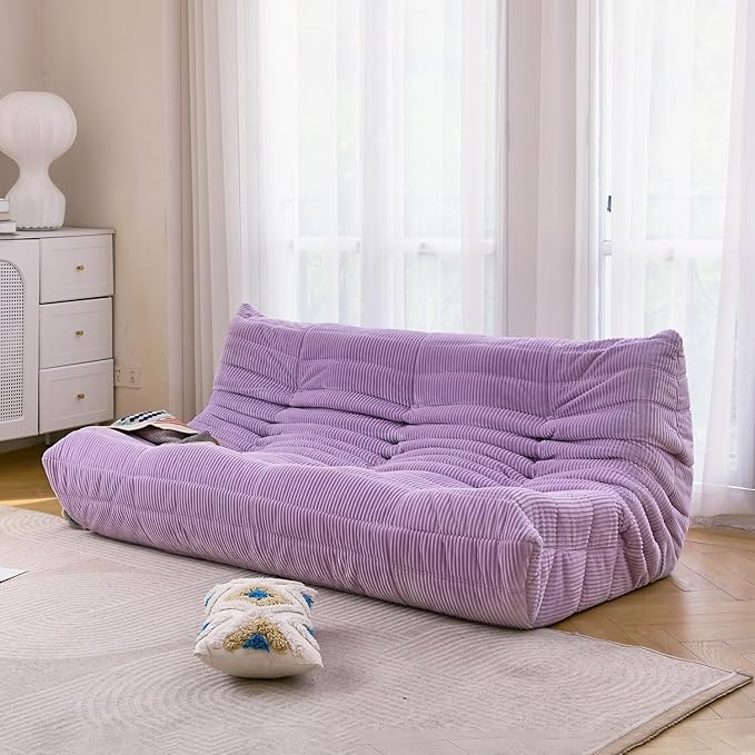 N&V Fireside Three Seater Sofa, Mid Century Armless Twin Size Floor Lounge Chair, Soft Premium Corduroy Accent Chair for Living Room, Bedroom (Lavender)