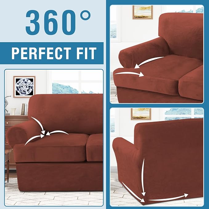 H.VERSAILTEX Sofa Cover 3 Piece T Cushion Sofa Slipcovers Thick Velvet Couch Cover Stretch T Cushion Sofa Covers for 2 Cushion Couch with 2 Individual T Cushion Covers Washable, Rust