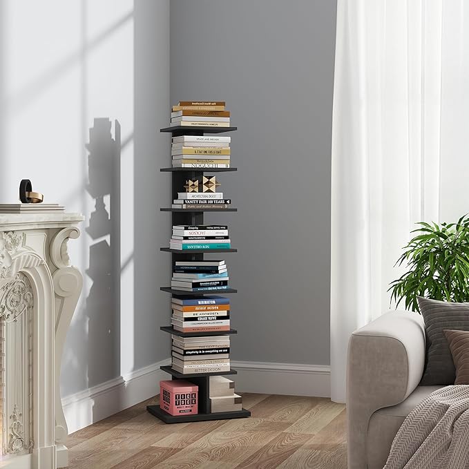 TUTOTAK Narrow Bookshelf, 8-Tier Bookcase, Spine Book Shelf for Small Space, Corner Standing Shelf for Living Room, Office, Study, Entryway, Black BS06BK008
