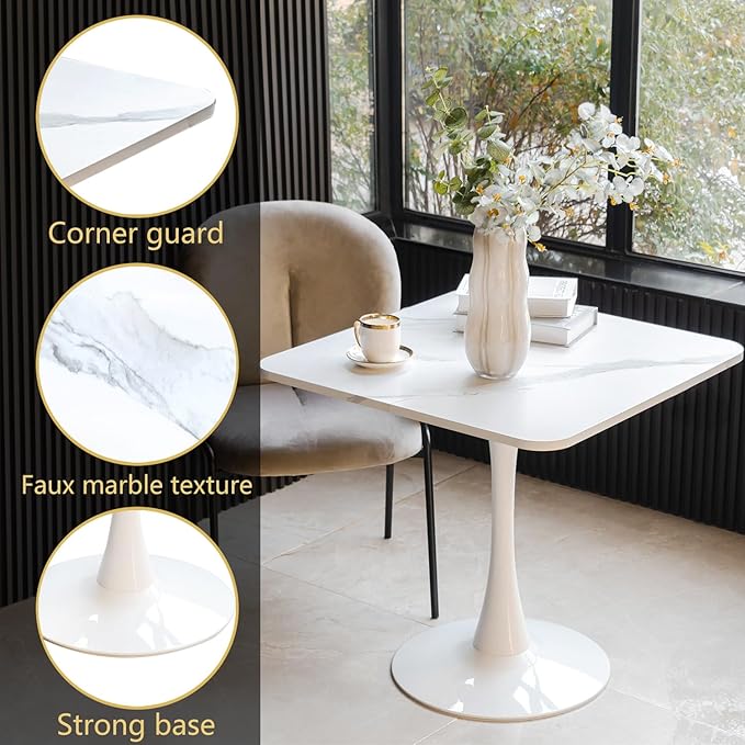 Square Modern Dinning Table 30 inches for 2-4 Bistro Tulip Table with Faux Marble top,Easy Assemble,Sturdy Metal Frame Diameter 30in*H28.74in(White, 30in)