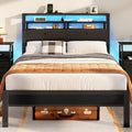 Furnulem Full Size Bed Frame with Headboard & 2 Fabric Drawers, Full Platform Bed Featuring LED Lights, Built-in Charging Station & Storage Shelves, Metal Slats, No Box Spring Needed – Black Oak