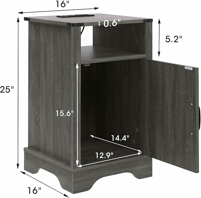RoyalCraft Set of 1 Farmhouse Nightstand, Grey End Table with Charging Station, Tall Bedside Table with Large Storage Room and Shelf, Wooden Rustic Side Table for Bedroom, Home Office, Dark Grey