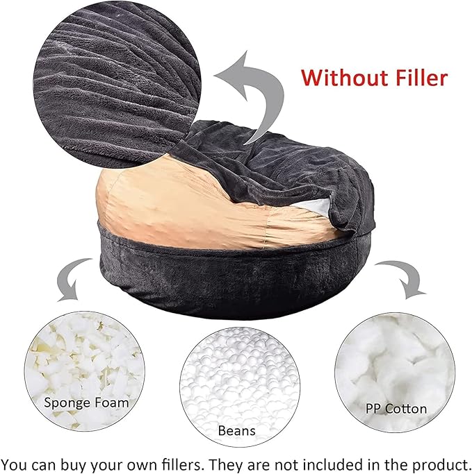 Giant Fur Bean Bag Chair Cover for Kids Adults, (No Filler) Living Room Furniture Big Round Soft Fluffy Faux Fur Beanbag Lazy Sofa Bed Cover (Snow Black, 5FT)