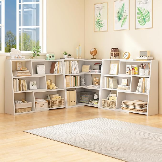 IOTXY Wooden Extendable Shelf Bookcase - 3-Tier Ladder Low Short Bookshelf for Small Space or Corner, White, L