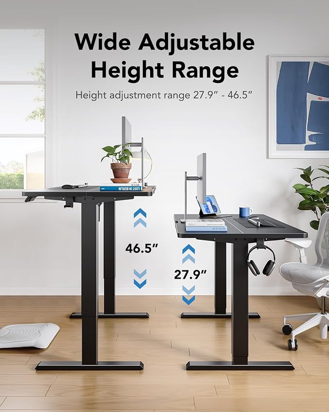 HUANUO 55" x 24" Electric Standing Desk Adjustable Height, 4 Memory Height Settings, Headphone Hook, Cable Manager, Sit Stand Up Desk for Home Office & Computer Workstation, Black