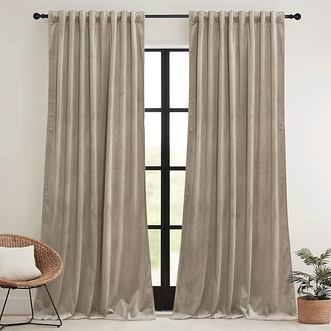 RYB HOME Camel Beige Velvet Curtains 108 inch, Room Darkening Window Curtains - Image 2
