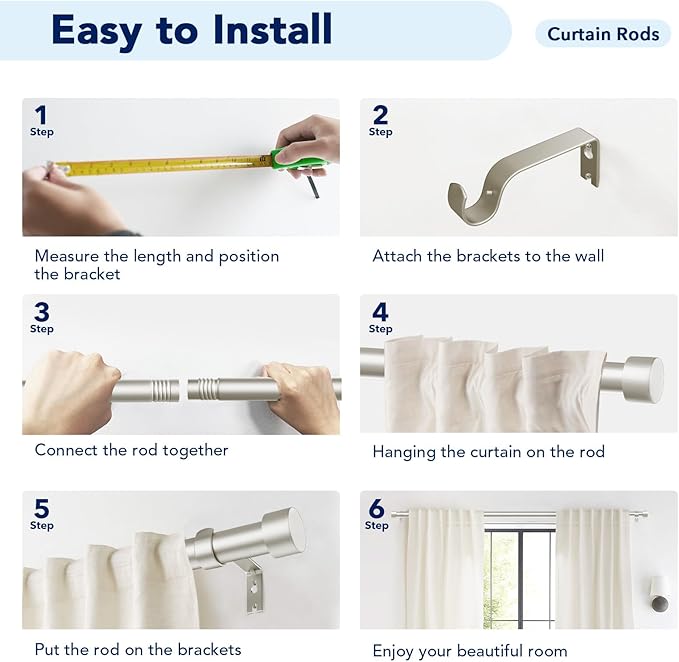 2 Pack Curtain Rods for Windows 66 to 120 Inch(5.5-10ft), 1 Inch Brushed Nickel Curtain Rods Set, Adjustable Extra Long Curtain Rod, Heavy Duty Outdoor Drapery Rods for Patio, Size 32"- 120"