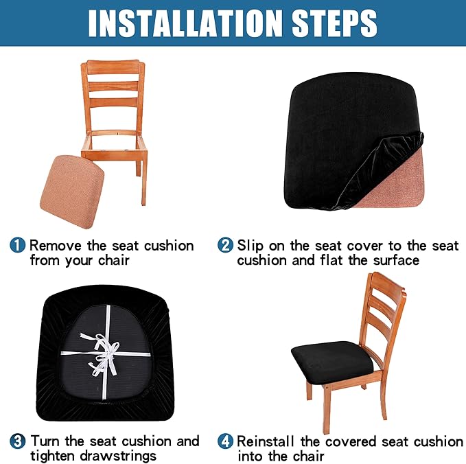 Smiry Velvet Seat Covers for Dining Room Chair Set of 6, Stretch Fit Removable Washable Chair Seat Cushion Protector Slipcovers with Ties, Grey