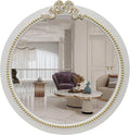 Vintage Round Wall Mirror 28inch Farmhouse Wooden Vanity Mirror for Wall Decor, Decorative Antique White Bathroom Mirrors, Traditional Art Home Decor for Dressing Table, Living Room or Bedroom