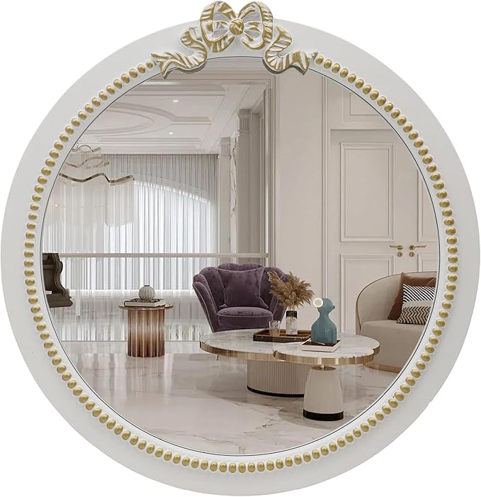Vintage Round Wall Mirror 20inch Farmhouse Wooden Vanity Mirror for Wall Decor, Decorative Antique White Bathroom Mirrors, Traditional Art Home Bow Decor for Dressing Table, Living Room or Bedroom