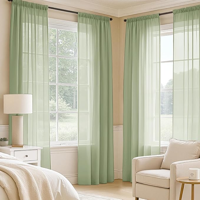 MIULEE Sage Green Sheer Curtains 63 Inches Long, 4 Panels Set, Light Filtering - Image 2