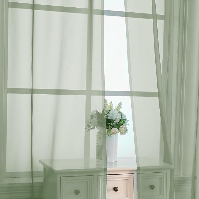OVZME Sage Green Sheer Curtains 90 Inches Long 2 Panels - Image 2