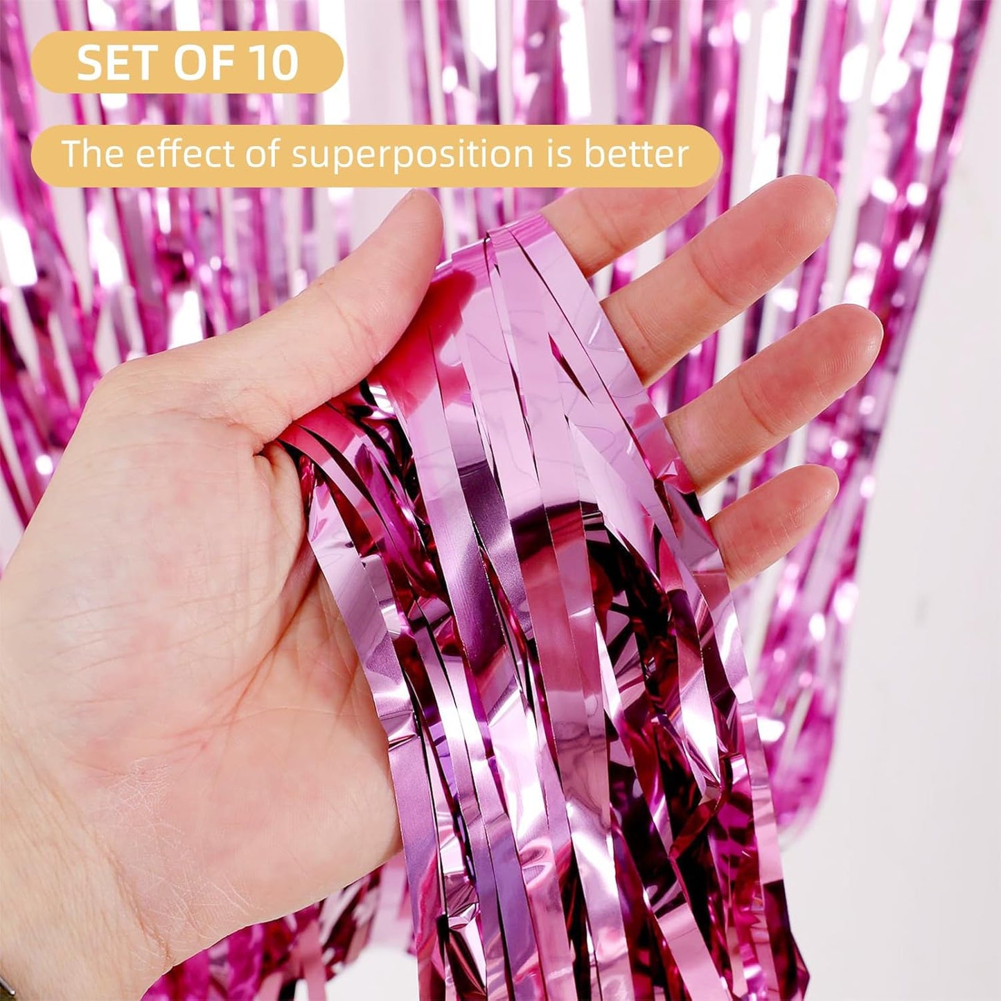 10 Pack Pink Backdrop Curtain 3.2ft x 8.2ft Metallic Tinsel Foil Fringe Curtains Photo Booth Background for Birthday Party Decoration Baby Shower Engagement Wedding Christmas Decoration (Pink)