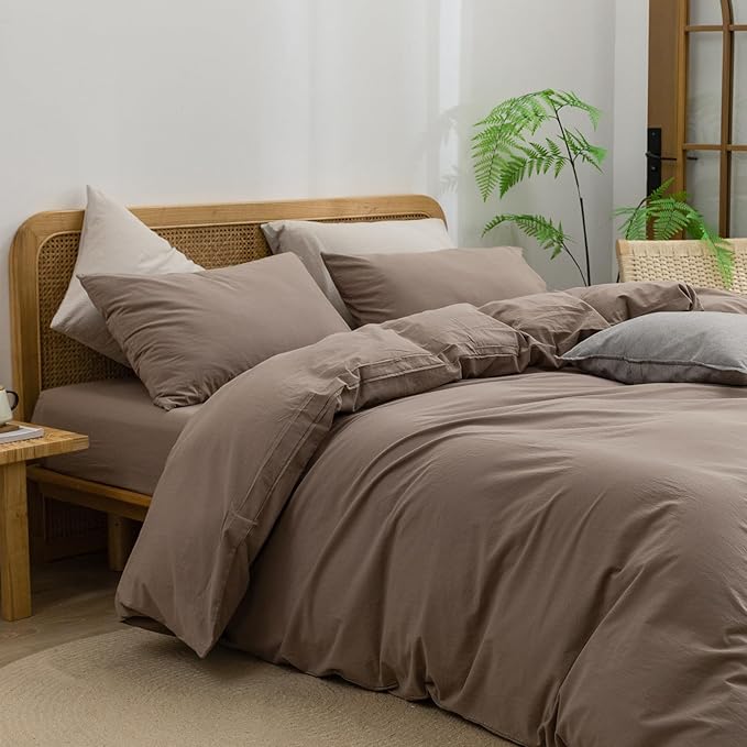 BESTOUCH Duvet Cover Set 100% Washed Cotton Linen Feel Super Soft Comfortable Chic Lightweight 3 PCs Home Bedding Set Solid Pine Bark Brown Super Queen
