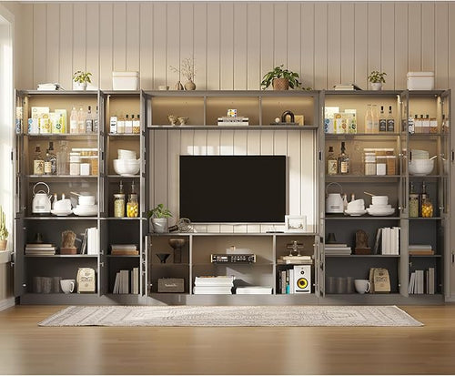 4-Piece Wall Unit TV Stand with Storage & LED Lights for TVs up to 75", Modern Entertainment Center with Bookshelves & 6-Door Pantry Cabinet, Gray
