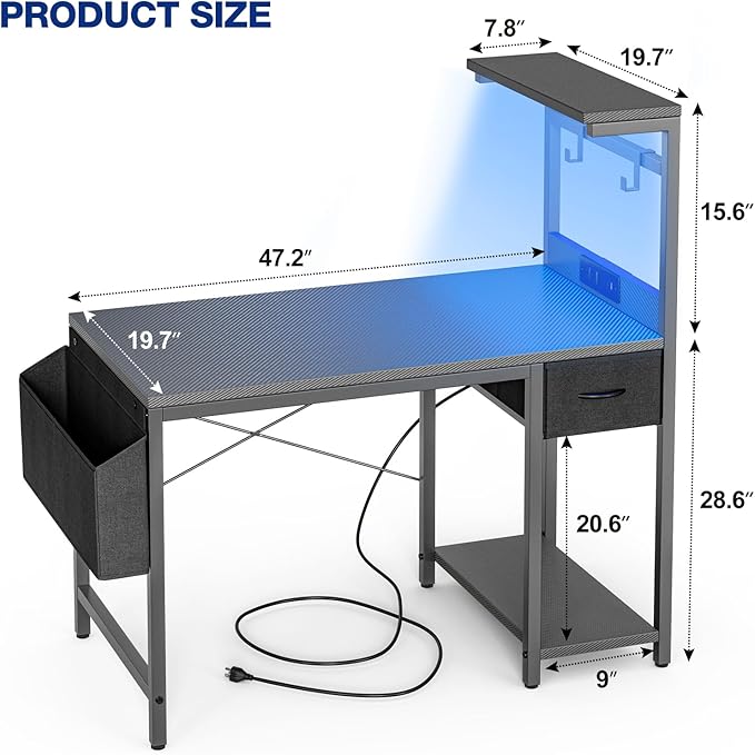 Gaming Desk 47 Inch with Power Outlet and LED Light, Computer Desk with Reversible Shelves and Storage Drawer, Pc Small Desk for Home Office Table with Bag, Carbon Fiber Grey