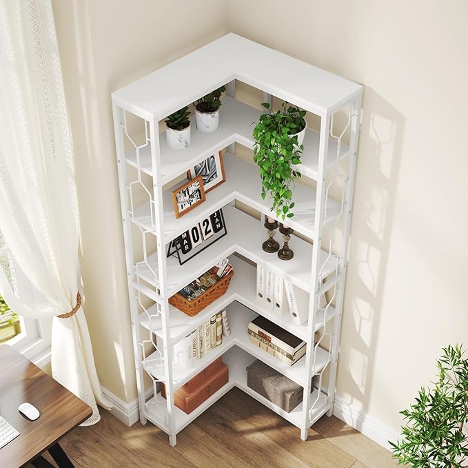 Tribesigns Corner Shelf, 7-Tier Industrial Corner Bookshelf, Wood and Metal Corner Etagere Bookcase, Freestanding Display Shelf for Living Room, Kitchen, Home Office, White
