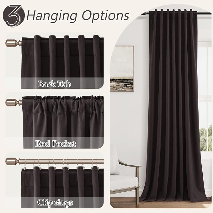 Guken Cocoa Coffee 100% Blackout Linen Curtains 120 Inch Length 2 Panels Set - Image 6