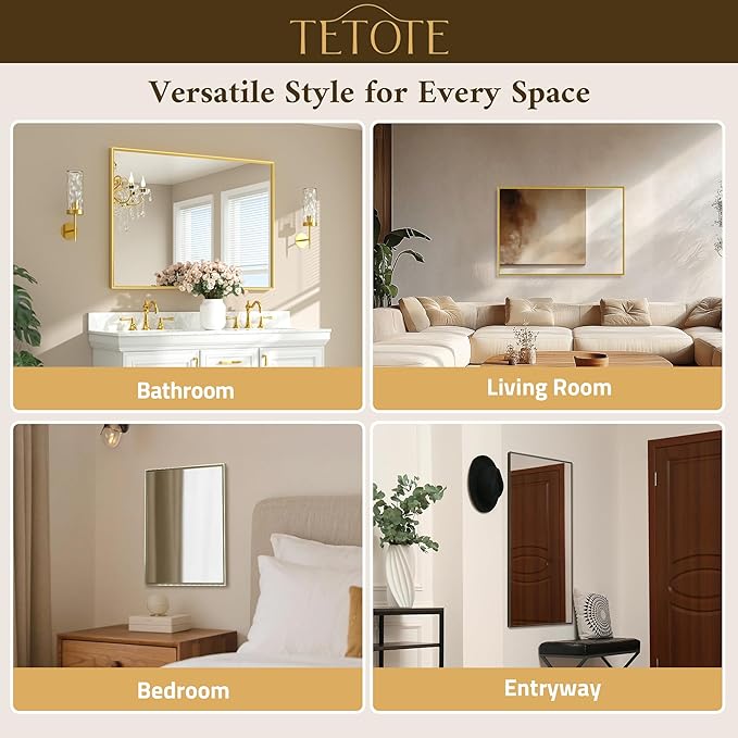 TETOTE Brushed Gold Mirror Beveled Frame 60" x 36" Large Brass Gold Rectangle Bathroom Vanity Wall Mirror for Over Sink, Modern Farmhouse, Tempered Glass, Shatterproof, Stronger Frame