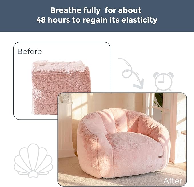 MAXYOYO Giant Bean Bag Chair, Oversized Bean Bag Couch for Adults and Kids, Faux Fur Shell-Shaped Large Chair with Filler, Stuffed Big Accent Sofa Lounge Floor Sofa for Gaming, Reading, Pink