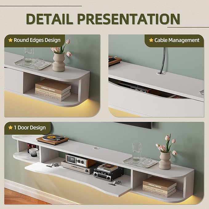 Floating TV Stand,55'' Wall Mounted TV Cabinet,Floating TV Console,Under TV Shelf with 1 Door and 2 Cabinets for TVs up to 65''(White)