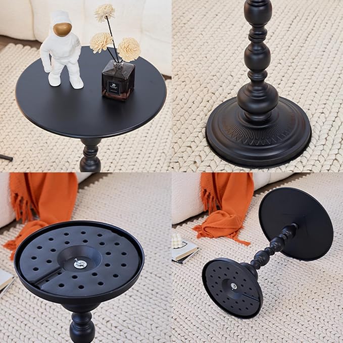 Chic Vintage Round Side Table with Elegant Roman Columns - Sturdy Metal Construction, Perfect for Coffee, End, Tea, or Leisure Use in Living Room or Bedroom Decor (Black and White 1 Pack)